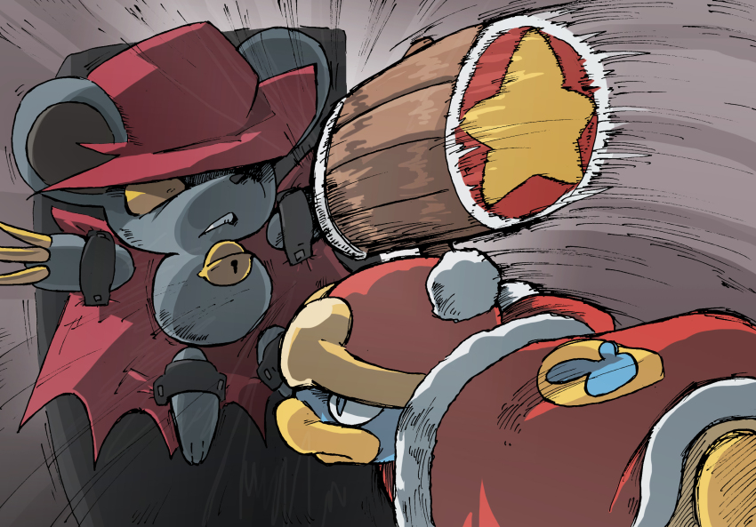 1boy animal attack beanie bell blue_eyes blue_fur body_fur cape clenched_teeth clothed_animal colored_sclera constricted_pupils daroach fur-trimmed_cape fur_trim furry furry_male gerigoo hat highres jingle_bell king_dedede kirby_(series) male_focus motion_lines mouse_(animal) neck_bell nintendo one_eye_covered pom_pom_(clothes) red_cape red_headwear restrained scared sketch star_(symbol) stationary_restraints teeth yellow_sclera