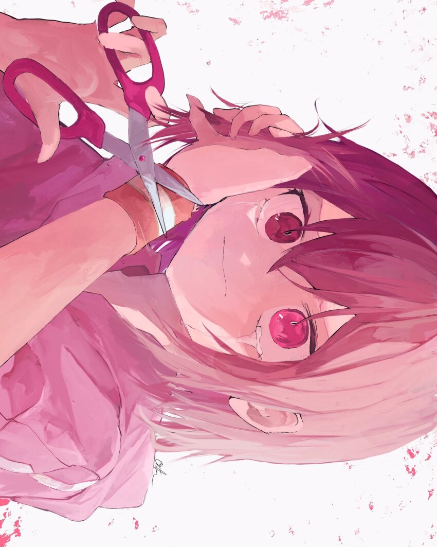 1girl arm_up bob_cut closed_mouth commentary_request crying cutting_hair cutting_own_hair hair_between_eyes hand_up highres holding holding_own_hair holding_scissors jacket looking_at_viewer medium_hair partial_commentary pink_eyes pink_hair pink_theme pinosan portrait purple_jacket rock_na_kimi_to_wa_owakare_da scissors sideways signature simple_background solo streaming_tears tears track_jacket tuyu_(band) white_background wristband