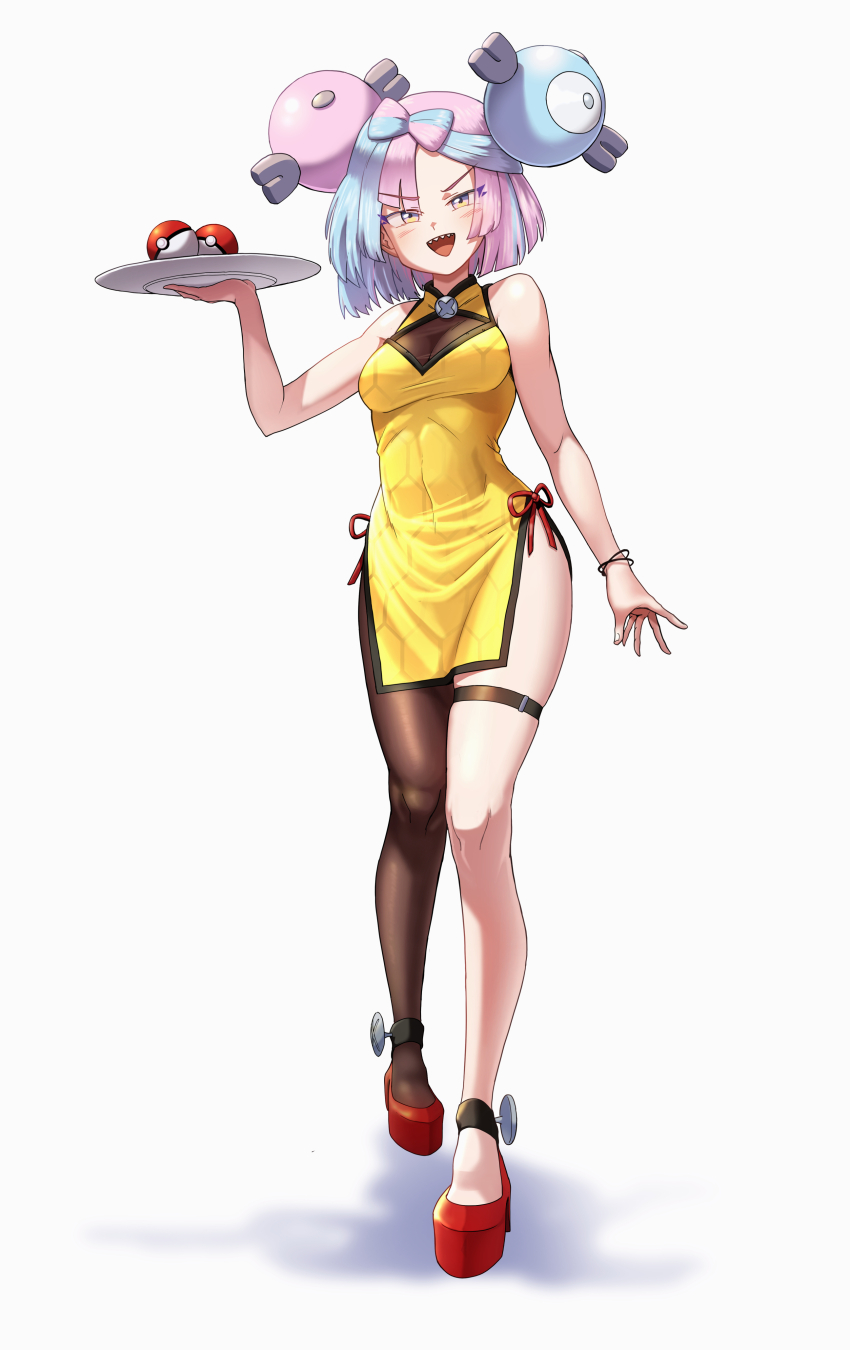 1girl :d absurdres alternate_costume alternate_hair_length alternate_hairstyle aqua_hair blush bow-shaped_hair bracelet breasts character_hair_ornament china_dress chinese_clothes commentary_request dress full_body hair_ornament hand_up heydove high_heels highres holding holding_tray iono_(pokemon) jewelry knees korean_commentary medium_breasts multicolored_hair nintendo open_mouth pantyhose pink_hair poke_ball poke_ball_(basic) pokemon pokemon_sv red_footwear short_hair side_slit single_leg_pantyhose sleeveless sleeveless_dress smile solo standing thigh_strap tray yellow_dress