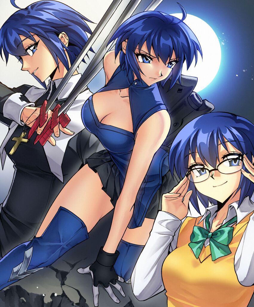 1990s_(style) 1girl absurdres artist_request between_fingers black_keys_(type-moon) blue_eyes blue_hair boots breasts ciel_(tsukihime) cleavage cleavage_cutout clothing_cutout commission cross cross_necklace full_moon glasses gloves highres holding holding_weapon jewelry large_breasts latin_cross long_sleeves looking_at_viewer moon multiple_views neck_ribbon necklace night night_sky powered_ciel retro_artstyle ribbon school_uniform second-party_source shirt short_hair skirt sky sleeveless smile solo_focus sweater_vest thigh_boots tsukihime tsukihime_(remake) weapon
