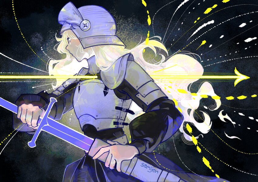 1girl armor arrow_(projectile) artist_name black_background blank_eyes blonde_hair breastplate closed_mouth cowboy_shot cuirass floating_hair from_side glowing helm helmet highres holding holding_sword holding_weapon knight long_hair long_sleeves original pauldrons plate_armor profile projectile_trail rerebrace sami_jen sheath shoulder_armor skirt sleeve_cuffs solo sword unsheathing visor_(armor) wavy_hair weapon white_hair