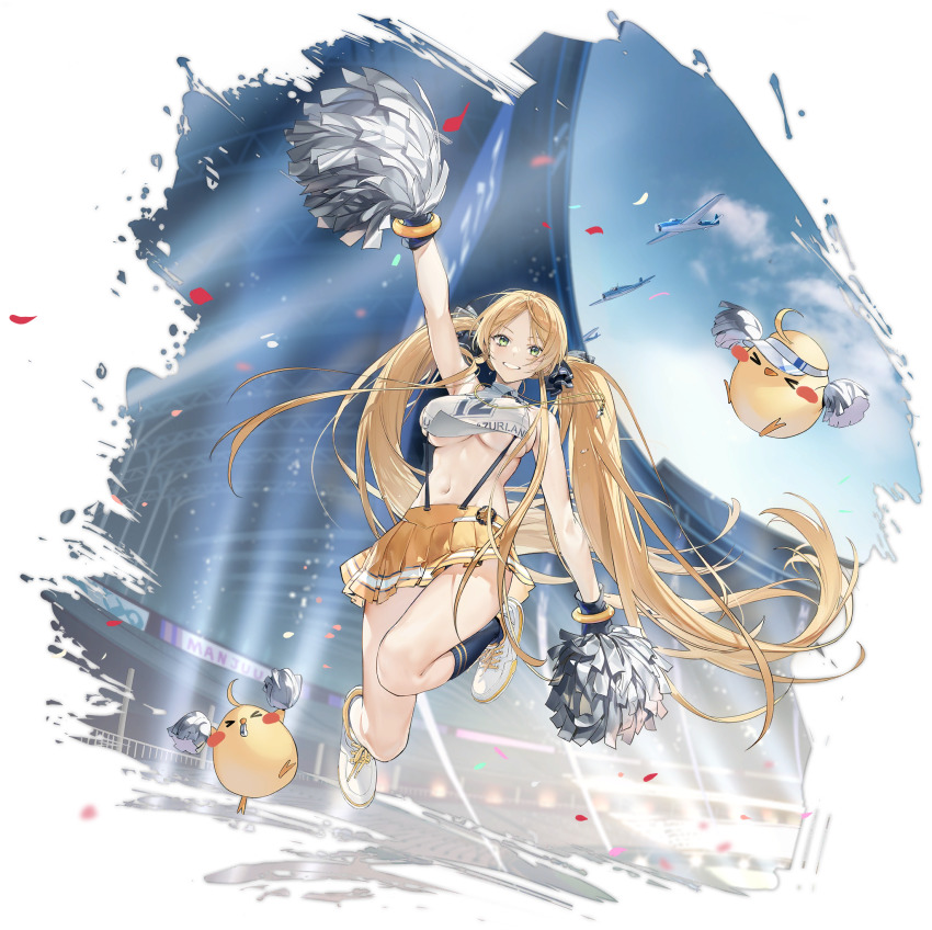 1girl azur_lane blonde_hair breasts cheerleader day dual_wielding full_body gloves green_eyes highres holding hornet_(azur_lane) hornet_(cheering_justice!)_(azur_lane) long_hair looking_at_viewer manjuu_(azur_lane) medium_breasts midriff navel outdoors parted_lips pleated_skirt pom_pom_(cheerleading) shoes simple_background skirt sleeveless smile sneakers socks stomach susohiki suspender_skirt suspenders thighs transparent_background