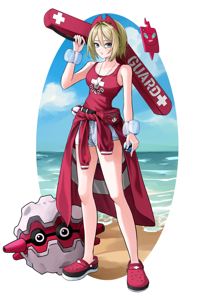 1girl absurdres blonde_hair blue_eyes clothes_around_waist cloud commentary_request day dive_ball dorosi033 forretress gen_2_pokemon gen_4_pokemon hair_between_eyes hairband hand_up highres holding holding_poke_ball irida_(pokemon) knees korean_commentary nintendo outdoors poke_ball pokemon pokemon_(creature) pokemon_legends:_arceus red_hairband red_shirt red_shoes rotom rotom_phone sand shirt shoes shore short_hair shorts sky sleeveless sleeveless_shirt standing teeth water whistle whistle_around_neck