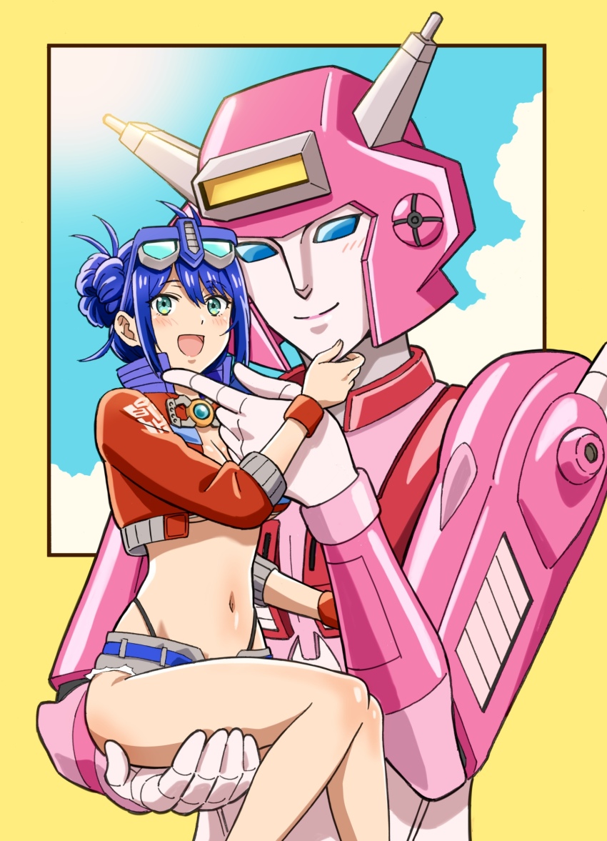 2girls absurdres blue_eyes blue_hair commentary double_bun elita_one eyewear_on_head genderswap genderswap_(mtf) hair_bun highres holding jacket komagoma kotobukiya_bishoujo mecha metal_skin multiple_girls open_mouth optimus_prime optimus_prime_(kotobukiya_bishoujo) red_jacket robot smile transformers yuri