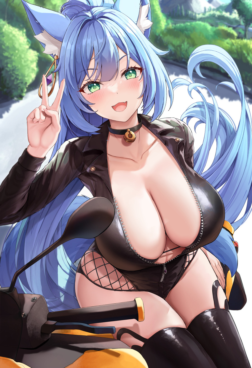 1girl :d absurdres animal_ear_fluff animal_ears black_choker black_leotard black_thighhighs blue_hair blush borrowed_character breasts choker cleavage collarbone commentary commission day earrings english_commentary fangs fox_ears fox_girl fox_tail green_eyes grin high_ponytail highres jewelry large_breasts leotard long_hair long_sleeves motor_vehicle motorcycle on_motorcycle on_vehicle open_mouth original outdoors oxenia partially_unzipped ponytail road single_earring sister_reine_(foxyreine) sitting smile solo tail thighhighs thighs v very_long_hair zipper_pull_tab