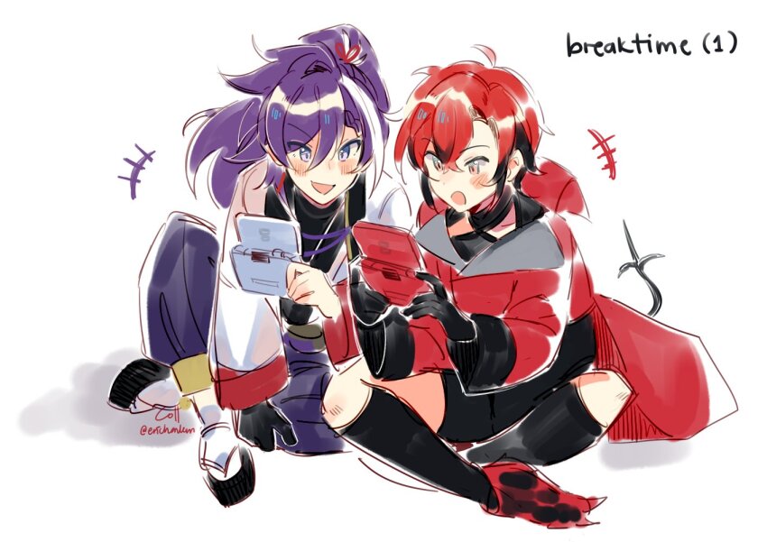 2boys artist_name banzoin_hakka black_gloves coll_(erichankun) collared_jacket feather_hair_ornament feathers gloves hadanugi_dousa hair_between_eyes hair_ornament handheld_game_console holding holding_handheld_game_console holostars holostars_english indian_style jacket japanese_clothes kimono long_sleeves machina_x_flayon male_focus multicolored_hair multiple_boys nintendo_3ds okobo open_clothes open_kimono open_mouth pants platform_sandals ponytail purple_eyes purple_hair purple_pants red_eyes red_hair red_jacket sandals sitting tabi tail white_background white_hair