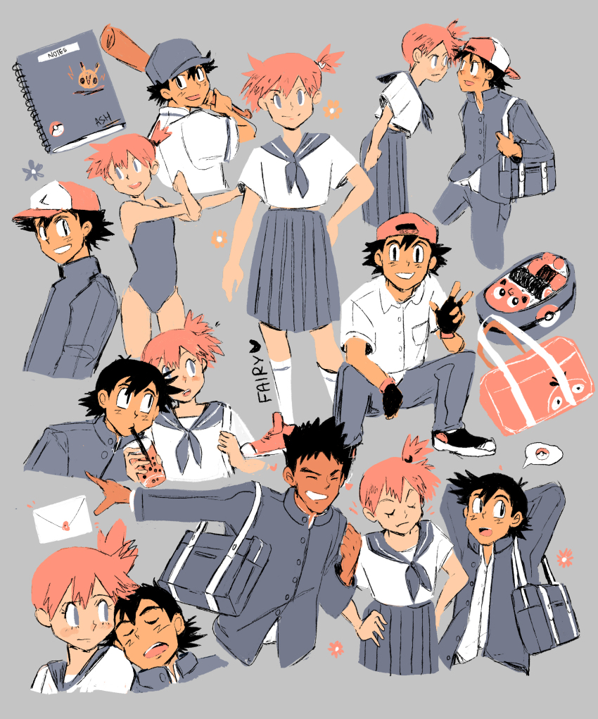 1boy 1girl absurdres ash_ketchum asymmetrical_hair bag black_hair blush brock_(pokemon) closed_eyes cup dark_skin disposable_cup drinking_straw fairybees fingerless_gloves gen_1_pokemon gloves gym_leader hat highres misty_(pokemon) multiple_boys nintendo one-piece_swimsuit open_mouth orange_hair pikachu pink_hair pleated_skirt pokemon pokemon_(anime) pokemon_(classic_anime) ponytail school_bag school_uniform serafuku shirt short_hair side_ponytail skirt sleeping smile swimsuit v white_shirt