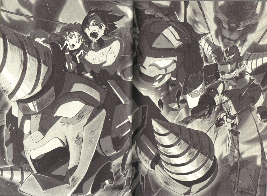 00s 1boy 1girl arc_gurren-lagann chouginga_gurren-lagann couple drill greyscale gurren hetero highres lagann mecha monochrome nia_teppelin official_art open_mouth robot scan scan_artifacts shinagawa_hiroki simon_(ttgl) tengen_toppa_gurren-lagann_(mecha) tengen_toppa_gurren_lagann