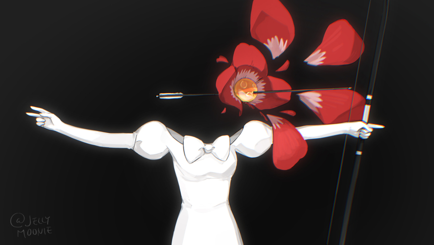 1girl alien_stage arrow_(projectile) bow bow_(weapon) commentary dress dress_bow english_commentary flower highres holding holding_bow_(weapon) holding_weapon mani_mani_(vocaloid) mixed-language_commentary moonie no_humans red_flower red_petals signature solo sua_(alien_stage) weapon white_bow white_dress