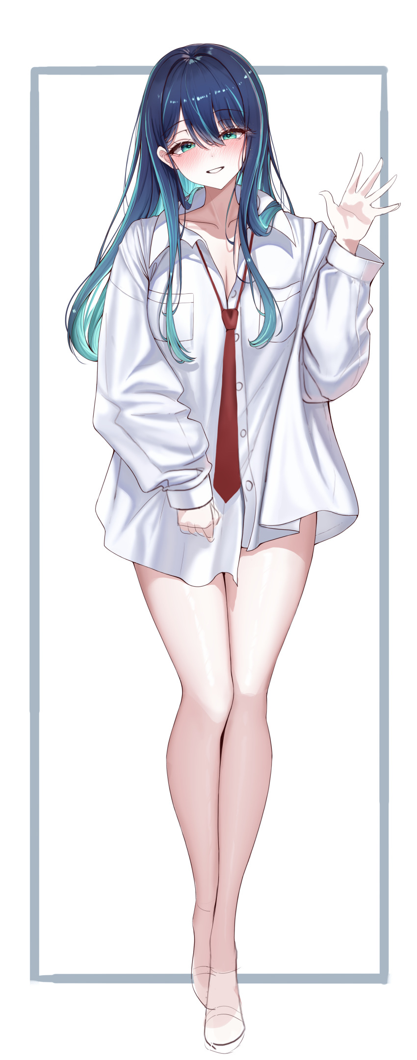 1girl absurdres blue_hair blush breasts cleavage colored_inner_hair commentary english_commentary green_eyes green_hair highres kurokawa_akane large_breasts lilac_(k32420276) long_sleeves looking_at_viewer multicolored_hair naked_shirt necktie oshi_no_ko red_necktie shirt smile solo white_shirt