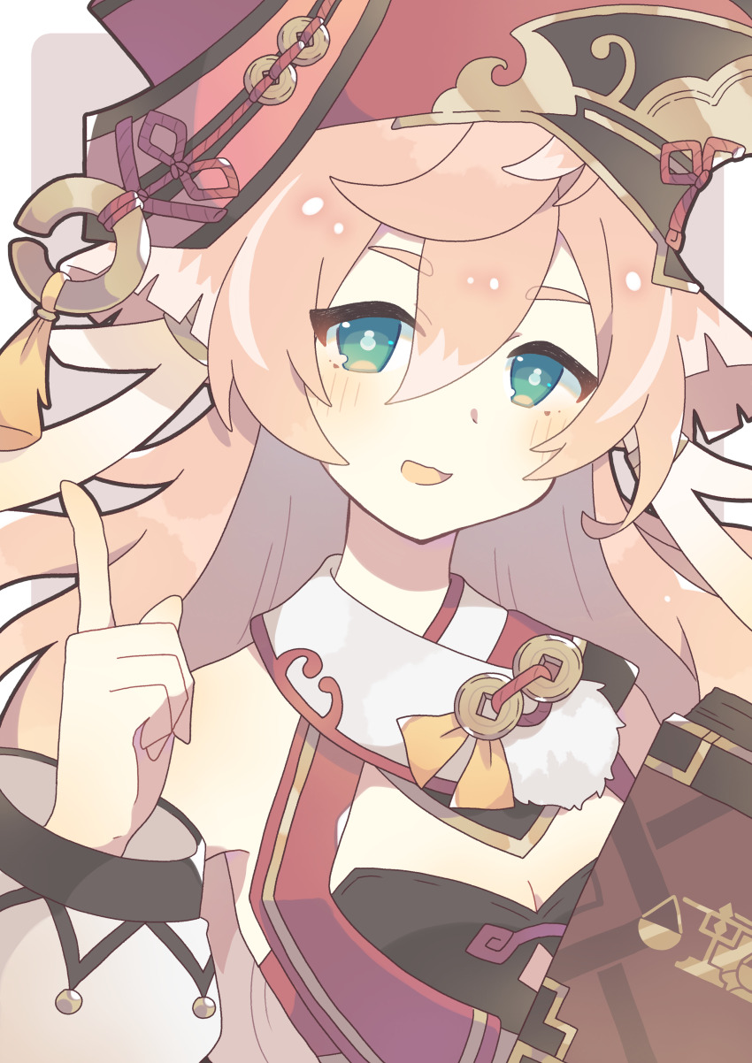 absurdres bare_shoulders breasts coin_hair_ornament detached_sleeves genshin_impact green_eyes hair_between_eyes hair_ornament hat highres index_finger_raised komano_shia pink_hair porkpie_hat red_hat small_breasts upper_body white_background white_sleeves yanfei_(genshin_impact)
