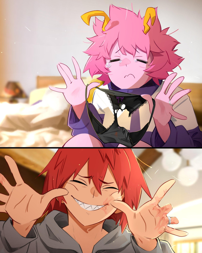 1boy 1girl 2koma absurdres acid_burn ashido_mina bed bedroom black_panties boku_no_hero_academia bones_(company) bow bow_panties closed_eyes colored_skin comforting comic crying cum_stain curly_hair destroyed_clothing fang fangs highres holding holding_panties holding_underwear holding_unworn_clothes horns implied_after_fingering indoors jewelry khyle. kirishima_eijirou knees lamp legs messy_hair missing_finger no_fingers on_bed panties pee_stain pink_hair pink_skin pov red_hair ring sad_face scar scar_on_face scar_on_hand sharp_teeth short_hair shounen_jump sitting smile spiked_hair stained_panties sweater tears teeth torn_clothes torn_panties underwear wavy_mouth wedding_ring window yellow_horns
