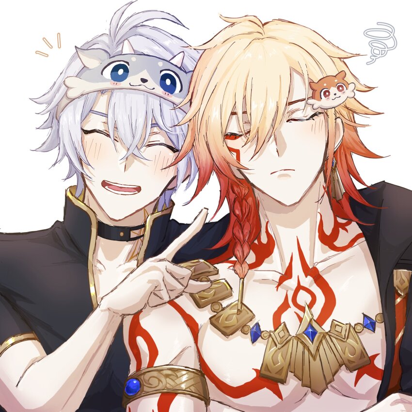 12_ziyuuni 2boys :d antenna_hair arm_tattoo armlet bare_pectorals black_choker black_coat black_shirt blonde_hair blush braid chest_tattoo chimera_(honkai:_star_rail) choker closed_eyes coat collared_shirt commentary earrings facial_tattoo gold_earrings gold_necklace gradient_hair hair_between_eyes highres honkai:_star_rail honkai_(series) jewelry male_focus medium_hair multicolored_hair multiple_boys mydei_(honkai:_star_rail) necklace notice_lines open_clothes open_coat open_mouth pectorals phainon_(honkai:_star_rail) pointing red_hair red_tattoo shirt short_hair short_sleeves side_braid simple_background smile squiggle sun_symbol sun_tattoo tan tattoo white_background white_hair yaoi