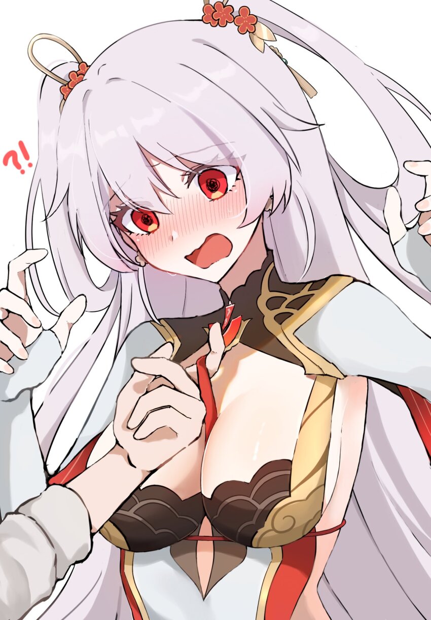 !? 1girl 1other between_breasts blush breasts character_request cleavage commentary_request fingerless_gloves flower gloves grey_hair hair_between_eyes hair_flower hair_ornament hands_up highres honkai_(series) honkai_impact_3rd long_hair long_sleeves lunar medium_breasts nose_blush open_mouth out_of_frame red_eyes red_flower simple_background theresa_apocalypse theresa_apocalypse_(luna_kindred) theresa_apocalypse_(lunar_vow:_crimson_love) theresa_apocalypse_(redolent_in_red) upper_body very_long_hair wavy_mouth white_background white_gloves yudemame1027