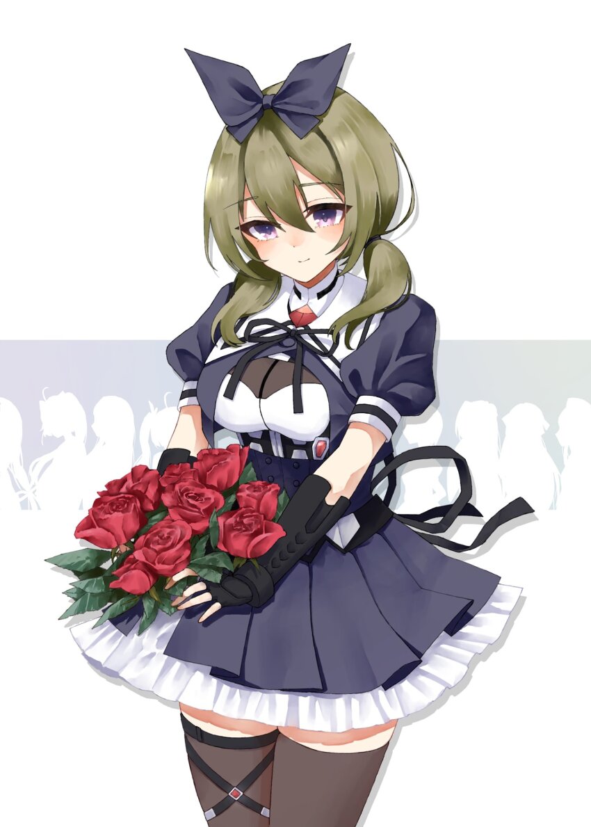 6+girls amahara_nue assault_lily belt black_belt black_bow black_gloves black_shirt black_skirt blush bouquet bow breasts brown_thighhighs buckle chest_belt closed_mouth commentary cowboy_shot cropped_jacket elbow_gloves fingerless_gloves flower frilled_skirt frills gloves gradient_background green_hair hair_between_eyes hair_bow hasebe_touka highres holding holding_bouquet imagawa_homare kiko_totori kondou_misaka kurokawa_nadi_hanna light_smile looking_ahead looking_down low_twintails luise_ingels medium_breasts miniskirt multiple_girls murakami_tokiwa pleated_skirt puffy_short_sleeves puffy_sleeves purple_eyes red_flower red_rose rose school_uniform seike_tomoyo shirt short_sleeves silhouette skirt snap-fit_buckle solo_focus standing thigh_belt thigh_strap thighhighs twintails two-tone_background two-tone_shirt underbust white_background white_shirt yamanashi_hibari yurigaoka_girls_academy_school_uniform zettai_ryouiki