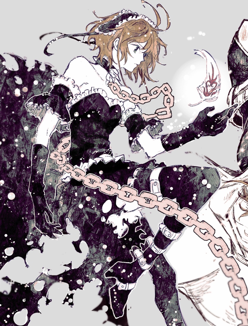 1girl antenna_hair black_boots black_dress black_gloves black_hairband black_sleeves blue_eyes boots brown_hair chain clamp_(circle)_(style) closed_mouth collarbone dress feathers floating_hair frilled_dress frilled_hairband frills from_side gloves grey_background hairband highres koyomania profile sakura_hime short_hair short_sleeves solo strapless strapless_dress thigh_boots torn_clothes torn_dress tsubasa_chronicle