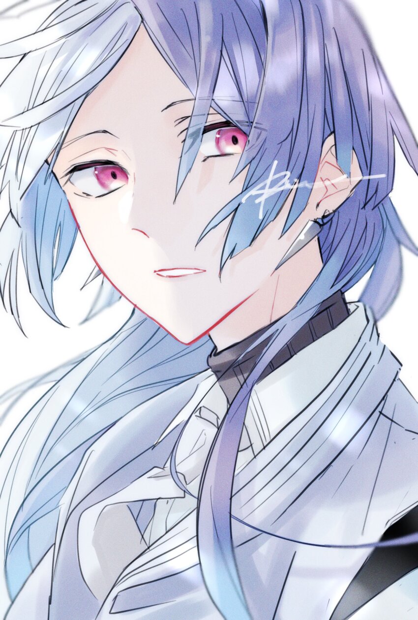 1boy absurdres bungou_stray_dogs collared_shirt commentary earrings highres jewelry long_hair male_focus multicolored_hair necktie parted_lips pink_eyes portrait purple_hair r1kuuw shirt sigma_(bungou_stray_dogs) signature simple_background solo split-color_hair sweater symbol-only_commentary turtleneck turtleneck_sweater two-tone_hair white_background white_hair white_shirt