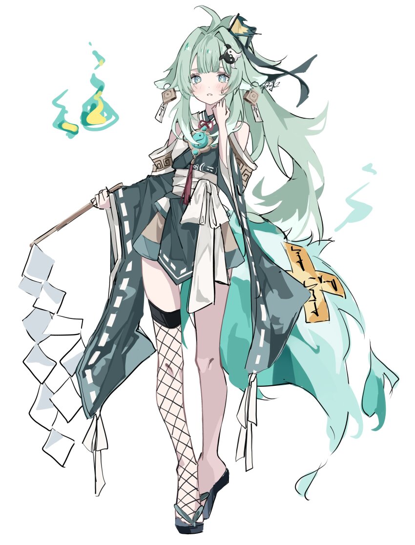 1girl absurdres adapted_costume ahoge alternate_height animal_ears bare_shoulders black_sandals blunt_bangs blush commentary d: double-parted_bangs earrings fire fishnet_thighhighs fishnets flag_hair_ornament floppy_ears fox_ears fox_girl full_body gohei green_eyes green_fire green_kimono hair_intakes hand_up highres holding holding_gohei honkai:_star_rail honkai_(series) huohuo_(honkai:_star_rail) japanese_clothes jewelry kimono long_hair long_sidelocks long_sleeves looking_at_viewer nontraditional_miko ofuda ofuda_earrings okobo open_mouth parted_lips paw-shaped_pupils platform_sandals ren_(renjiyu) sandals sash sidelocks signature simple_background single_bare_leg single_fishnet_legwear sleeveless sleeveless_kimono small_sweatdrop solo split_mouth standing symbol-shaped_pupils tail_(honkai:_star_rail) thighhighs tiptoes waist_sash white_background wide_sleeves yin_yang_hair_ornament
