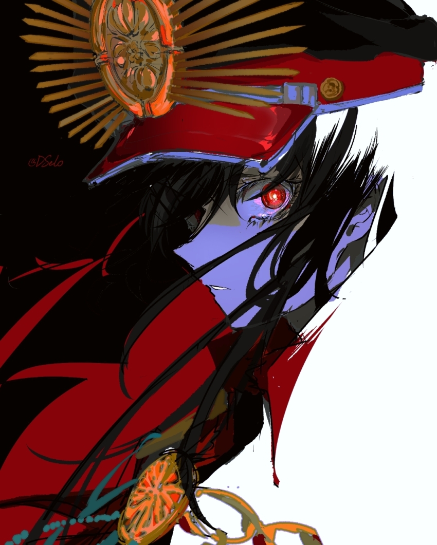 1girl black_hair black_hat blending cape dselo01 fate/grand_order fate_(series) glowing glowing_eyes hat highres looking_at_viewer medallion oda_nobunaga_(fate) oda_nobunaga_(koha-ace) oda_uri parted_lips peaked_cap red_cape red_eyes signature simple_background solo wind