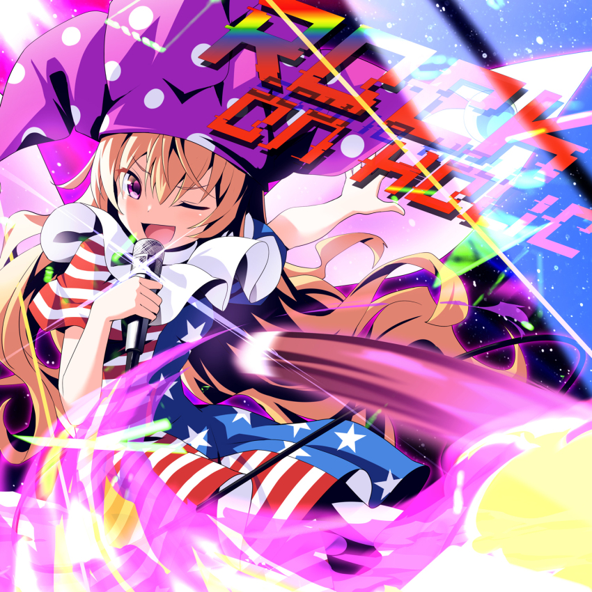 1girl ;d album_name american_flag american_flag_dress american_flag_print blonde_hair clownpiece commentary_request fairy_wings feet_out_of_frame flag_print hat highres holding holding_microphone jester_cap long_hair looking_at_viewer microphone neck_ruff official_art one_eye_closed open_mouth outstretched_arm polka_dot_hat purple_eyes purple_hat short_sleeves smile solo sound_holic star_(symbol) star_print touhou ugume very_long_hair wings