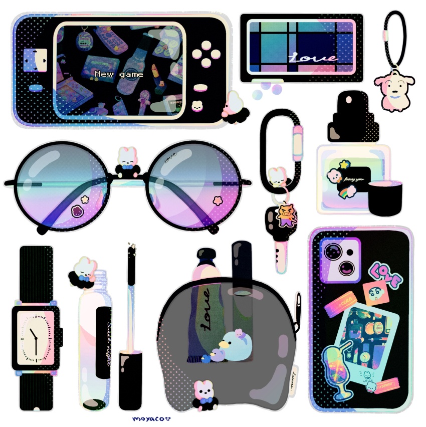 artist_name black_theme bottle cellphone cellphone_charm charm_(object) commentary cosmetics creature english_text handheld_game_console highres key lipgloss_tube milkshake moyaco no_humans original ornate_phone_case perfume_(cosmetics) perfume_bottle phone pouch signature simple_background smartphone solid_circle_eyes solid_eyes squeeze_tube star_(symbol) sticker sunglasses symbol-only_commentary watch white_background wristwatch