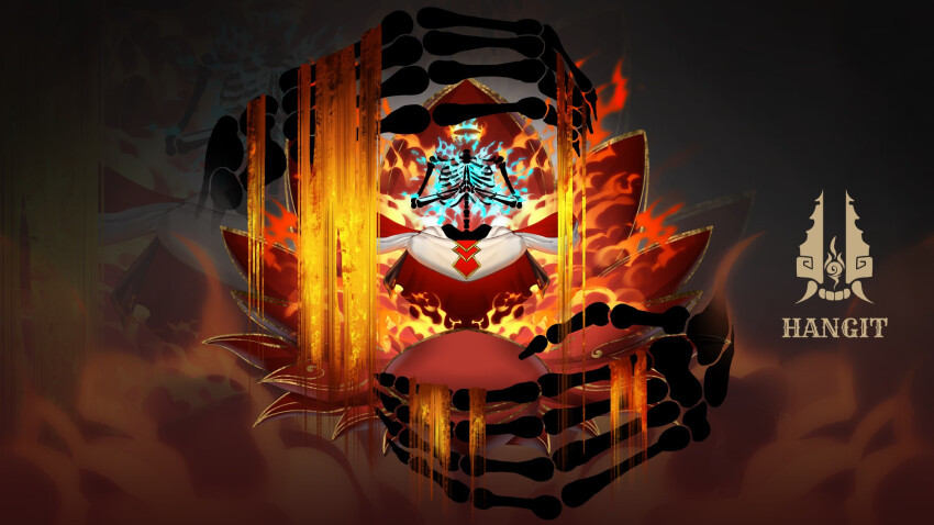 1other blue_fire burning fire flower giant_hand headless highres lotus najashi original praying rope skeleton undead white_rope