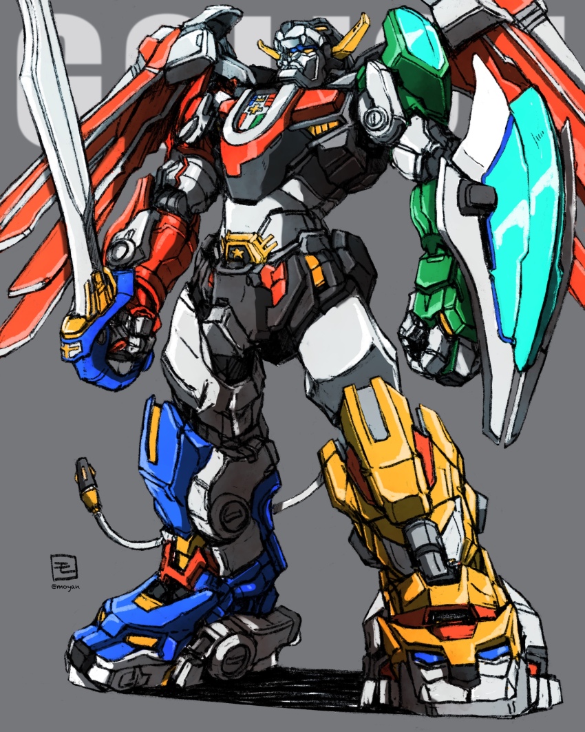 absurdres golion_(mecha) highres holding holding_sword holding_weapon hyakujuu-ou_golion jaws lion mecha mecha_focus mechanical_wings moyan no_humans redesign robot science_fiction super_robot sword tail voltron:_legendary_defender lion_voltron voltron_(series) weapon wings