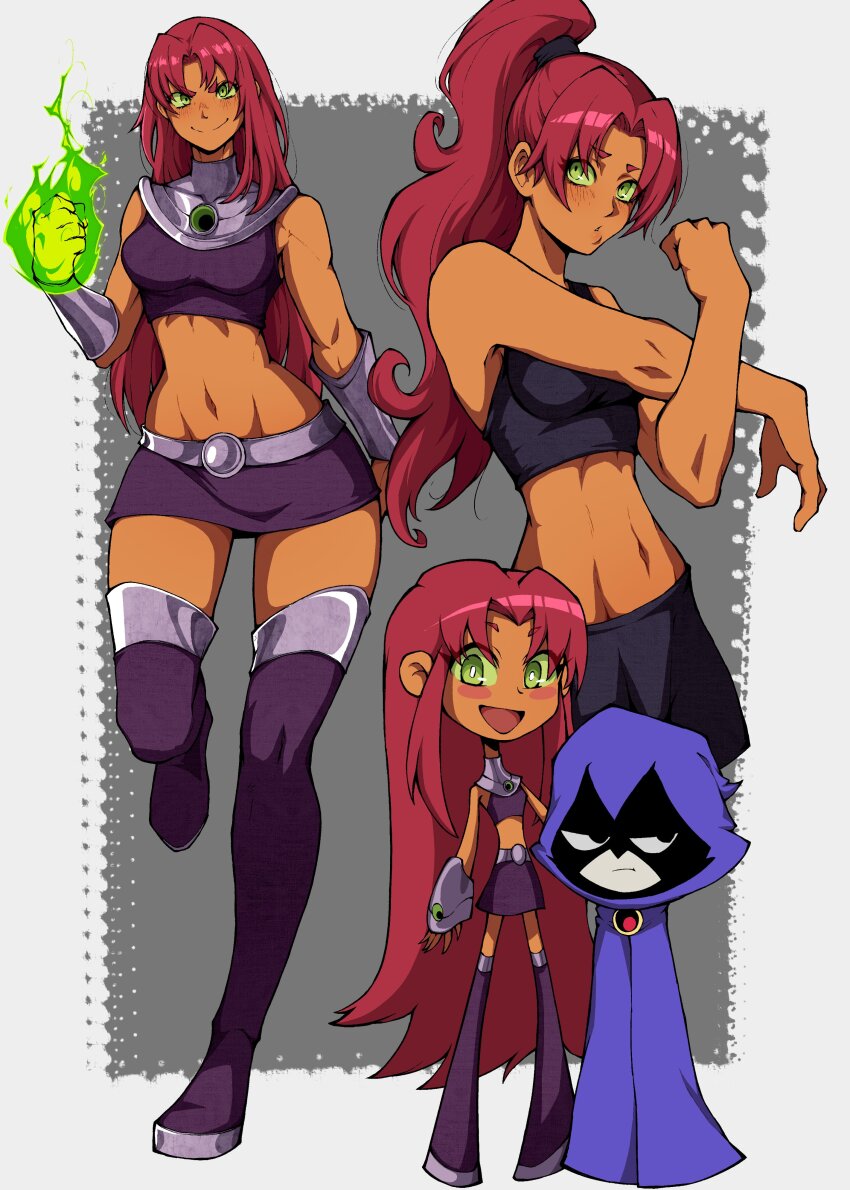 2girls absurdres alternate_costume alternate_hairstyle bare_shoulders blush cape chibi colored_sclera dc_comics detached_sleeves full_body green_eyes green_sclera grey_background highres hood kekel long_hair multiple_girls navel ponytail raven_(dc) red_hair sportswear starfire y2k_fashion