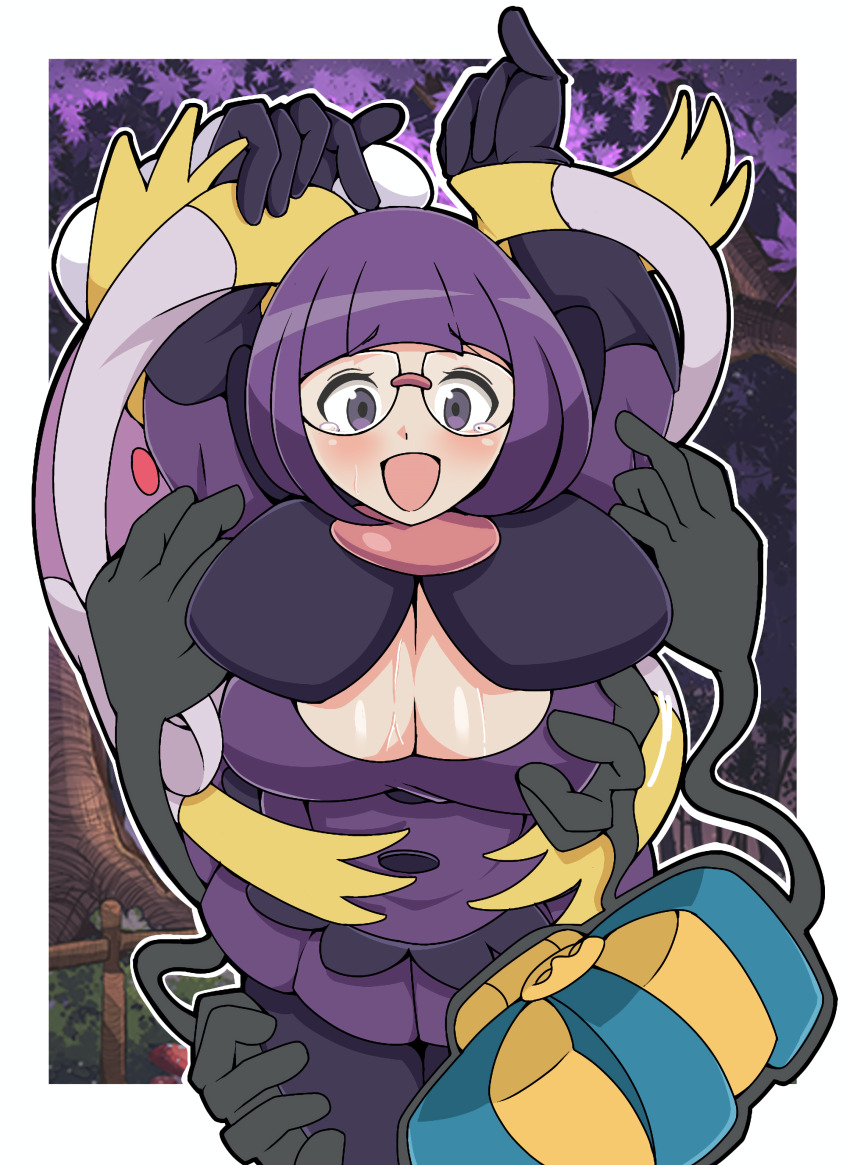 1girl 2others absurdres arms_up balloon blunt_bangs blush bob_cut bow breasts cleavage cofagrigus coffin drifblim elbow_gloves extra_arms gen_4_pokemon gen_5_pokemon ghost glasses gloves grabbing_another&#039;s_arm grabbing_another&#039;s_breast grabbing_another&#039;s_thighs groping highres ken725011186 large_bow low-cut multiple_others mummy nintendo open_mouth pantyhose pokemon pokemon_(creature) pokemon_bw purple_eyes purple_hair purple_skirt raised_eyebrows round_eyewear shauntal_(pokemon) short_hair skirt smile sweat tickling tickling_armpits
