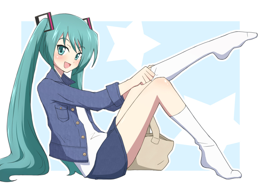 1girl :d blue_skirt brown_bag denim denim_jacket dressing from_side full_body green_eyes green_hair hatsune_miku jacket long_hair looking_at_viewer looking_to_the_side nel-c no_shoes open_mouth shirt sitting skirt smile socks solo twintails very_long_hair vocaloid white_shirt white_socks