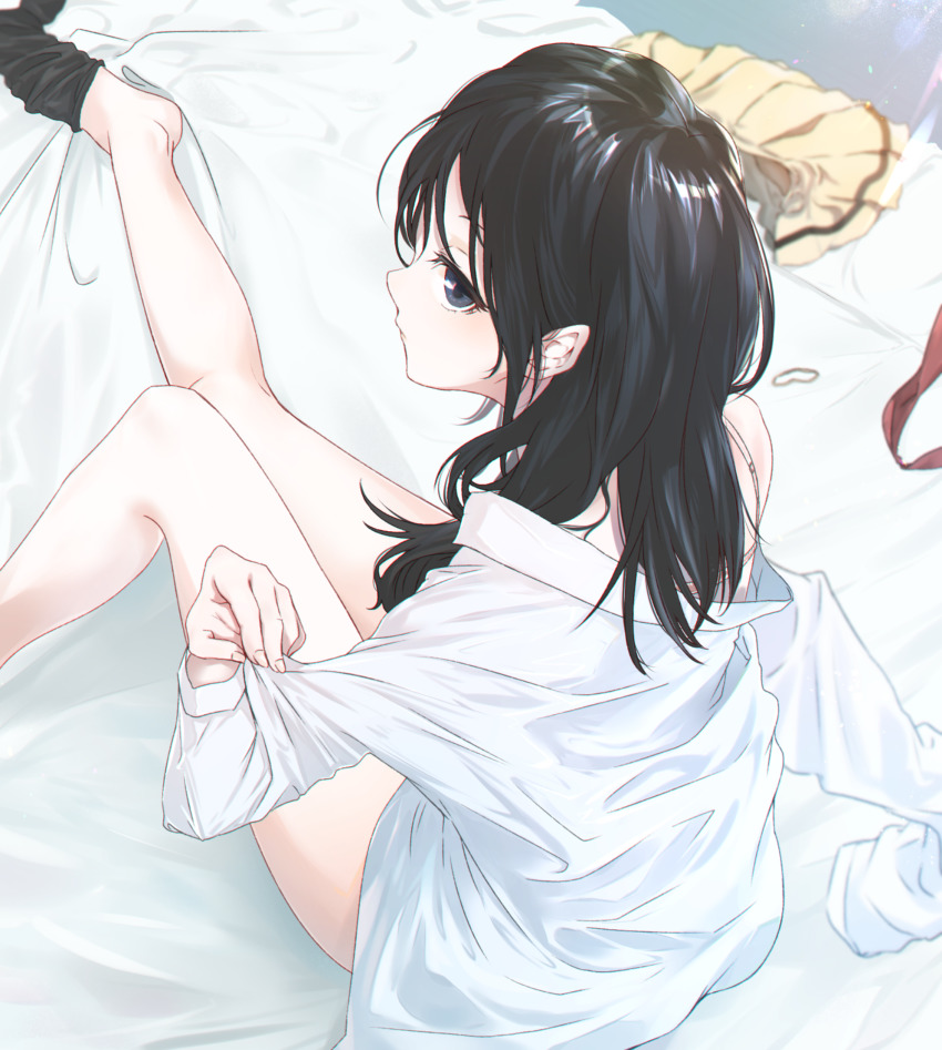 1girl bed bed_sheet bedroom black_eyes black_hair bra commentary dress_shirt female_focus hair_down hair_ornament hair_tie highres lingerie long_hair looking_at_viewer matsunaga777 necktie no_pants off_shoulder open_clothes open_shirt pleated_skirt school_uniform shirt single_stripe skinny skirt sock_dangle socks solo tamura_yuri thighs underwear unworn_hair_ornament unworn_necktie unworn_skirt unworn_socks watashi_ga_motenai_no_wa_dou_kangaetemo_omaera_ga_warui! white_shirt