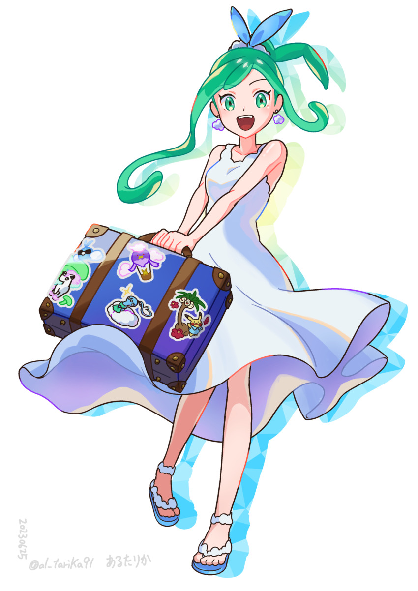 1girl :d alolan_exeggutor alolan_form altaria alternate_costume arutarika_(ri_kaoekaki) bare_arms blue_ribbon character_print commentary_request dress drifblim earrings eyelashes full_body galarian_form galarian_ponyta gen_1_pokemon gen_3_pokemon gen_4_pokemon gen_7_pokemon gen_8_pokemon green_eyes green_hair hair_ribbon happy highres jewelry lisia_(pokemon) looking_at_viewer nintendo open_mouth pikachu pokemon pokemon_oras ribbon sandals sleeveless sleeveless_dress smile solo sticker suitcase swablu teeth toes upper_teeth_only white_dress