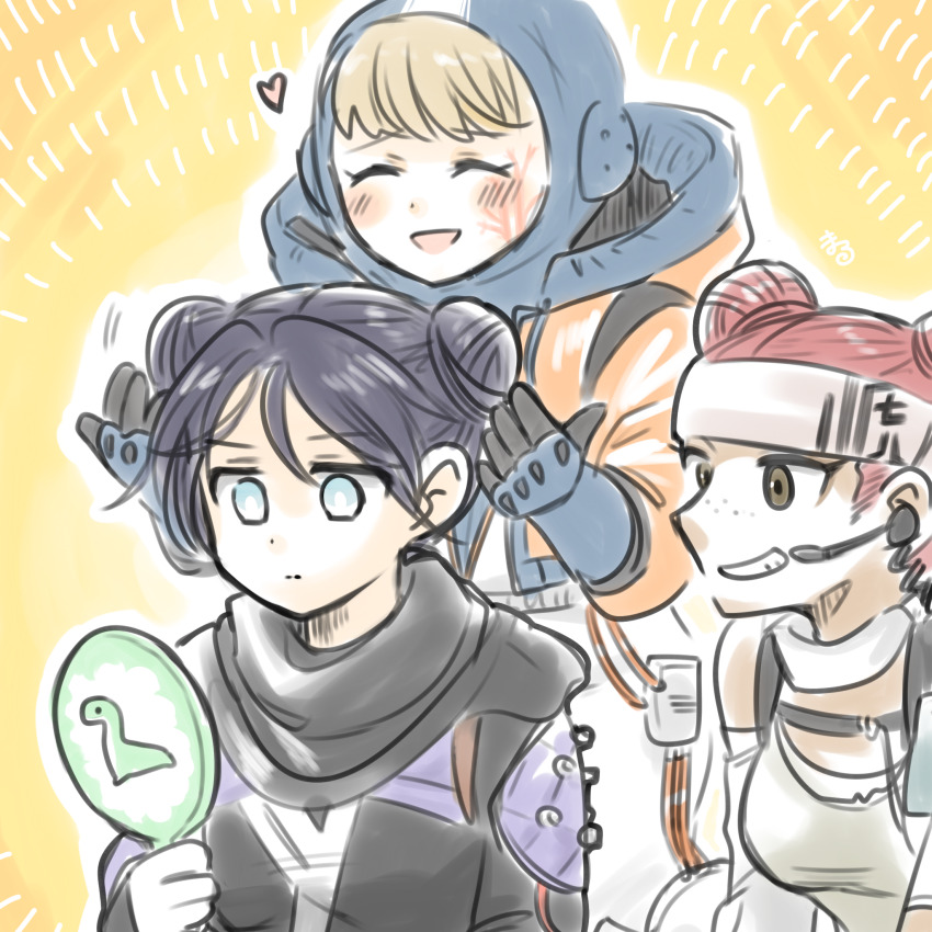 3girls ^_^ alternate_hairstyle alternate_skin_color animification apex_legends black_bodysuit black_hair black_scarf blonde_hair blue_bodysuit bodysuit breasts brown_tank_top closed_eyes detached_sleeves double_bun expressionless facial_scar hair_behind_ear hair_bun hand_mirror headband headset heart highres holding holding_mirror hood hood_down hood_up hooded_bodysuit jacket lifeline_(apex_legends) maaruutaa0 mirror multiple_girls orange_jacket parted_lips red_hair scar scar_on_cheek scar_on_face scarf small_breasts smile tank_top wattson_(apex_legends) white_headband wraith_(apex_legends)