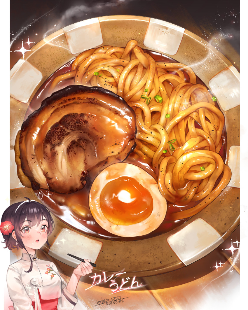 1girl absurdres bowl brown_eyes brown_hair chinese_clothes chopsticks curry_udon flower food food_focus hair_flower hair_ornament highres holding holding_chopsticks noodles original softboiled_egg solo tom23579 udon