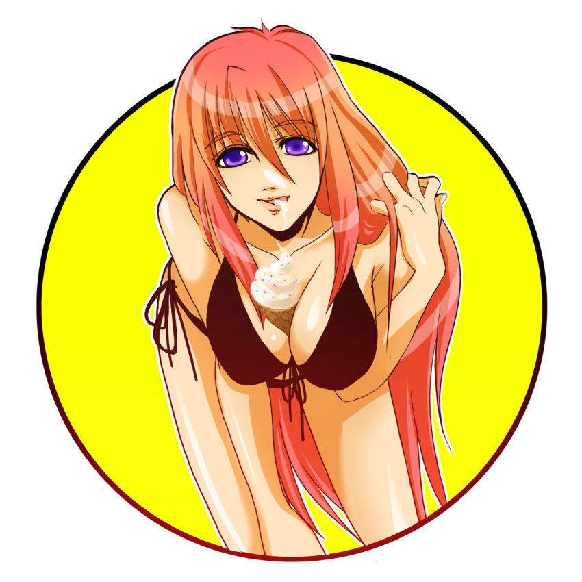 1girl bent_over bikini breasts cleavage elhaym_van_houten female_focus food ice_cream long_hair orange_hair purple_eyes sayaka_(artist) solo swimsuit xenogears