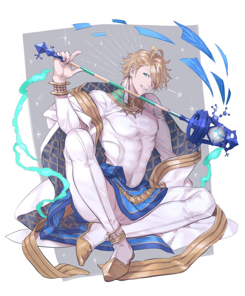 1boy ahoge aladdin_(sinoalice) anklet blonde_hair bodysuit bodysuit_under_clothes bracelet earrings gold_trim grin highres holding holding_staff jewelry looking_at_viewer male_focus necklace ogamiomi one_eye_closed shawl short_hair simple_background sinoalice sitting smile sparkle staff star_(symbol) teeth