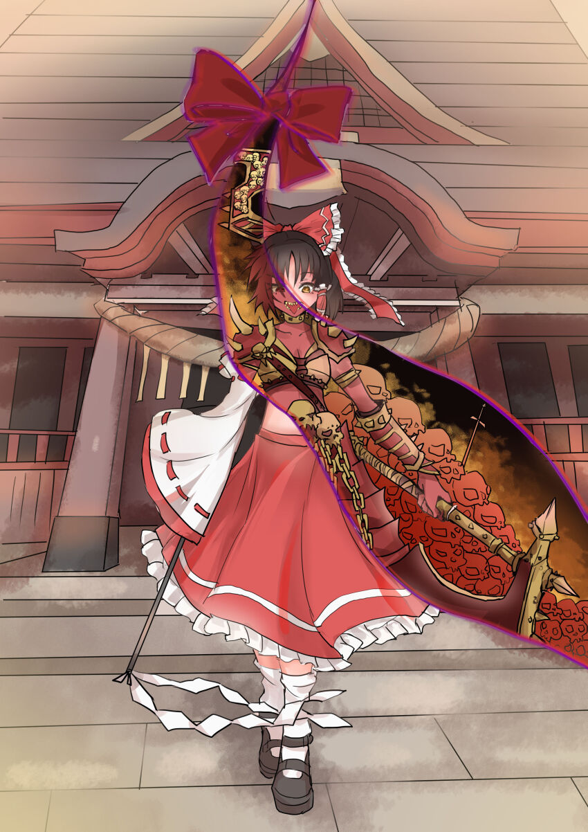 1girl absurdres alternate_costume armor axe black_shoes blink_(hontsev) bow breasts brown_eyes brown_hair chinese_commentary cleavage commentary_request corruption detached_sleeves frilled_bow frilled_hair_tubes frilled_skirt frills gap_(touhou) gohei hair_bow hair_tubes hakurei_reimu highres holding holding_axe holding_gohei long_hair looking_at_viewer red_bow red_eyes red_skirt ribbon-trimmed_sleeves ribbon_trim sharp_teeth shoes shoulder_armor skirt skull socks solo spiked_armor teeth tongue tongue_out touhou warhammer_40k white_socks