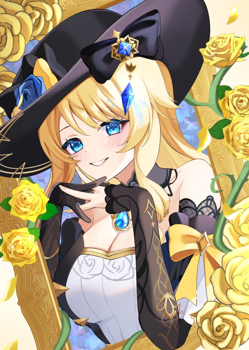 1girl absurdres bare_shoulders black_bow black_gloves black_hat black_sleeves blonde_hair blue_eyes blue_flower blue_gemstone blush bow breasts cleavage commentary_request detached_sleeves flower gem genshin_impact gloves hat hat_bow hat_flower highres interlocked_fingers long_hair looking_at_viewer marufus medium_breasts navia_(genshin_impact) parted_lips single_glove sleeveless smile solo star_(symbol) star_in_eye symbol_in_eye teeth very_long_hair yellow_bow yellow_flower