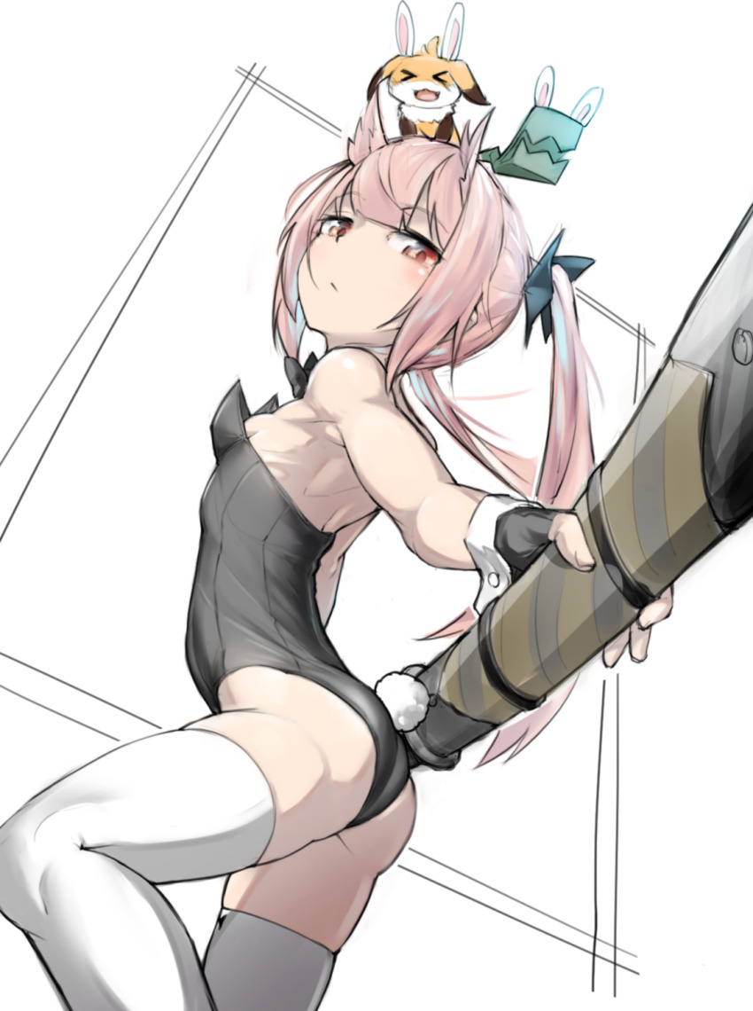 1girl ass black_gloves black_leotard blush breasts closed_mouth commentary_request detached_collar fake_tail fingerless_gloves from_side gloves hair_horns highres holding holding_sword holding_weapon leaning leotard long_hair looking_at_viewer mashiko_kaoru mitsukuni nene_(toji_no_miko) ootachi oversized_clothes petite pink_hair playboy_bunny rabbit_tail sidelocks small_breasts solo strapless strapless_leotard sword tail thighhighs toji_no_miko twintails weapon white_thighhighs wrist_cuffs