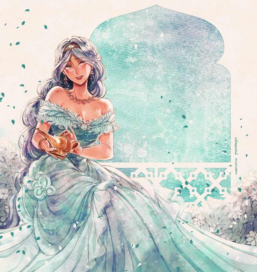 1girl absurdres aladdin_(movie) alternate_costume bare_shoulders black_hair breasts brown_eyes cleavage dark-skinned_female dark_skin dress earrings highres jasmine_(disney) jewelry long_hair looking_at_viewer mizala necklace off_shoulder smile solo very_long_hair