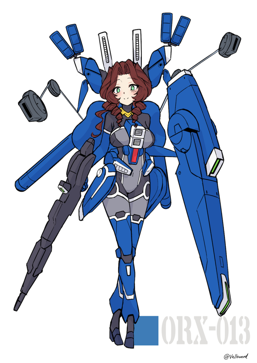 1girl beam_rifle blush bodysuit breasts brown_hair covered_navel crossed_legs drill_hair energy_gun full_body green_eyes gun gundam gundam_mk_v gundam_sentinel highres holding holding_gun holding_weapon i.takashi large_breasts looking_at_viewer mecha_musume parted_bangs personification smile solo twin_drills weapon white_background