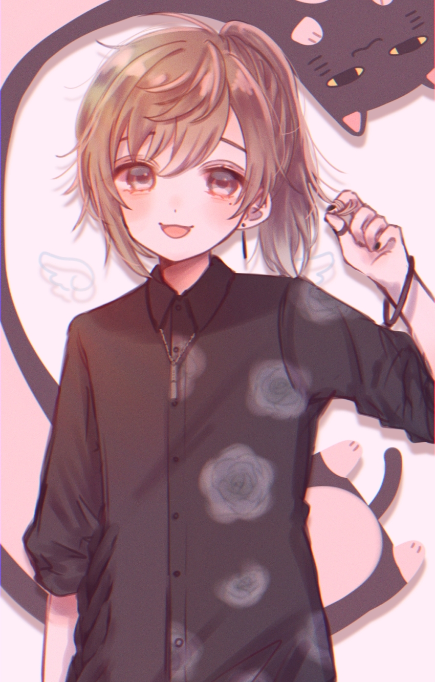 1boy 1girl black_nails black_shirt brown_hair cat collared_shirt drawn_wings earrings highres jewelry kanae_(nijisanji) looking_at_viewer male_focus mi_oxo_9m nijisanji open_mouth ponytail roto_(kanae) shirt solo virtual_youtuber