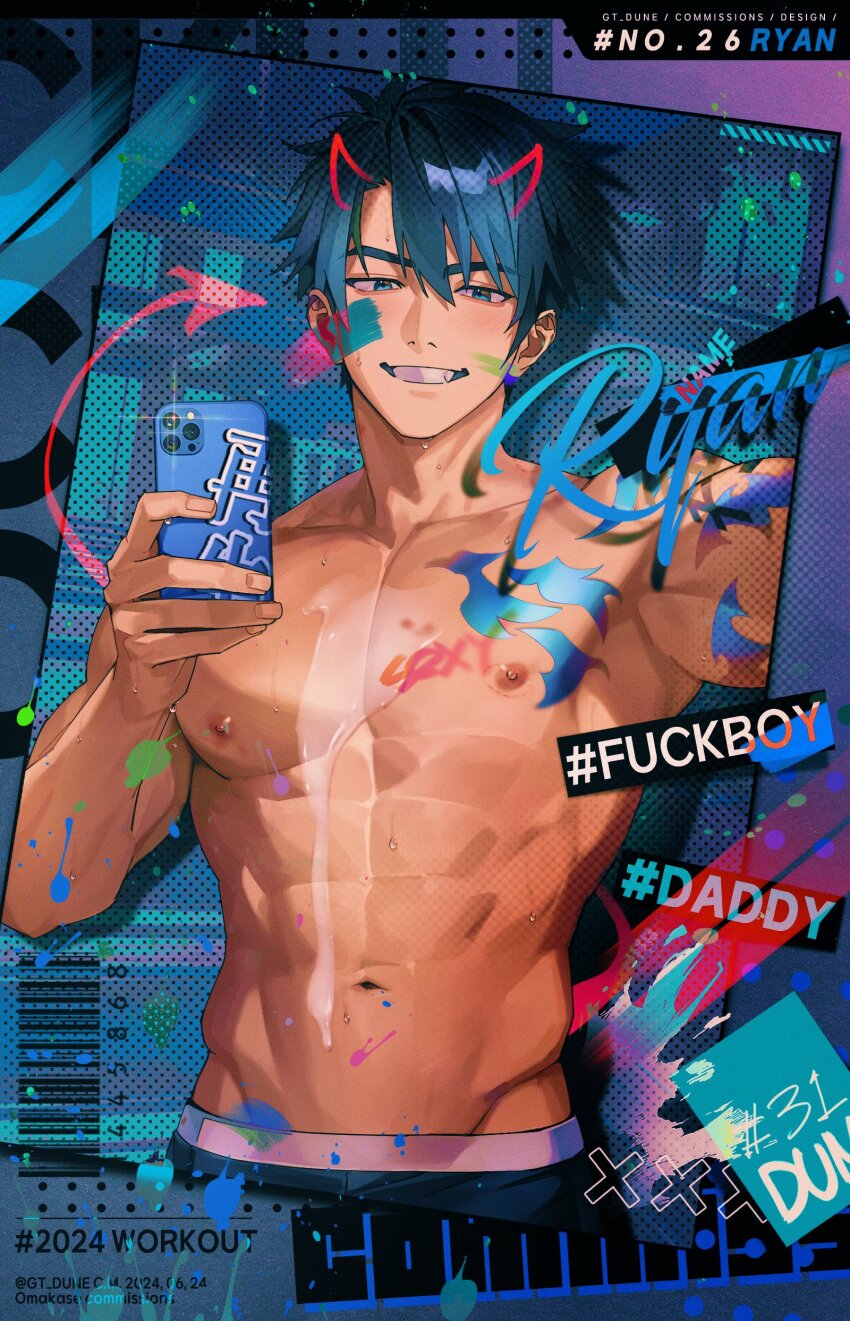1boy abs absurdres adam&#039;s_apple aegyo_sal aqua_eyes aqua_hair barcode biceps bite_mark bite_mark_on_breast black_pants body_markings breasts collarbone cum cum_on_body cum_on_breasts cum_on_upper_body english_text fang gt_dune hair_between_eyes hashtag hickey highres holding holding_phone looking_at_viewer male_focus mirror_selfie muscular muscular_male navel nipples original pants parted_bangs pectorals phone selfie short_hair smile solo sweat tag teeth topless_male upper_body