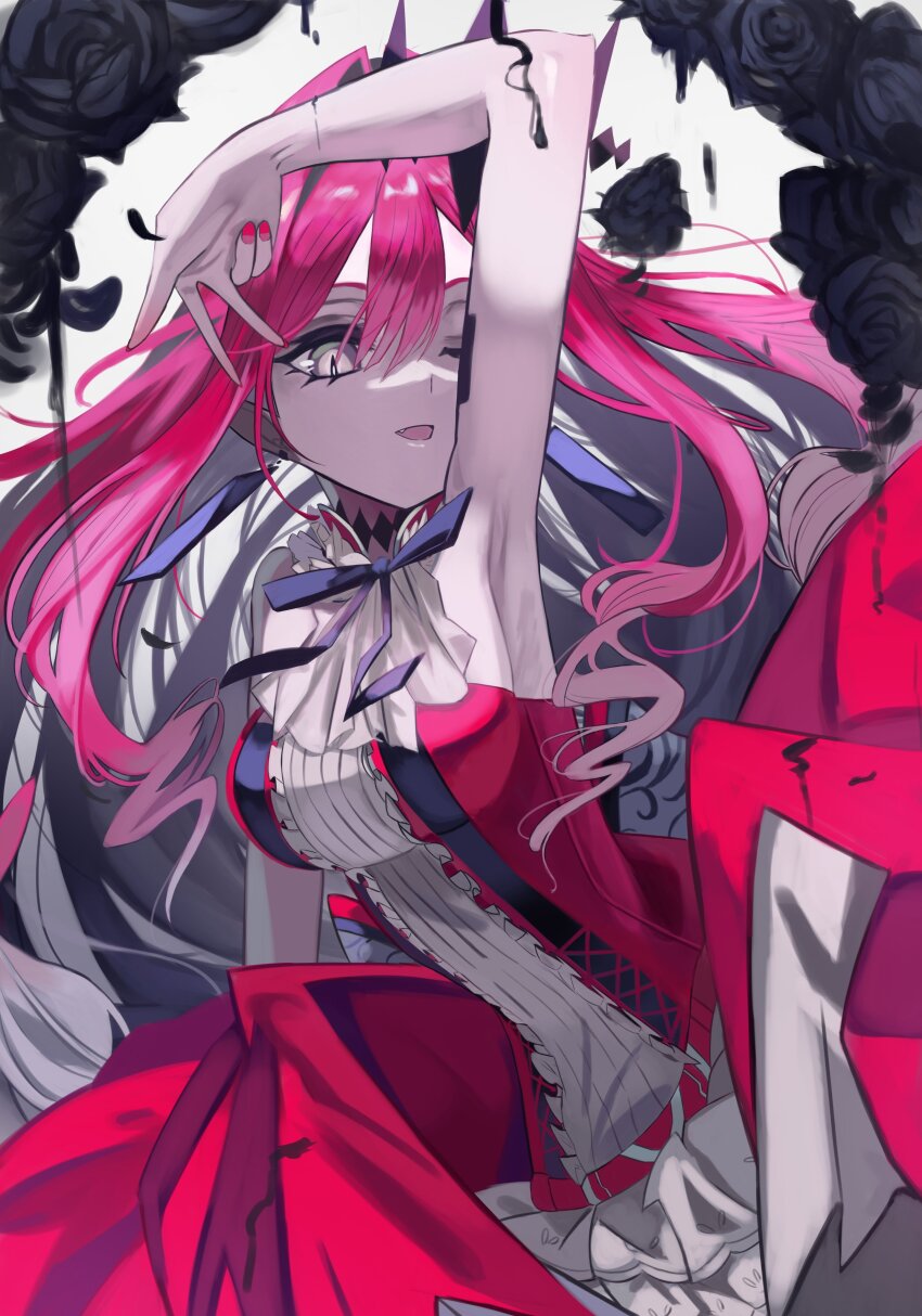 1girl absurdres armpits ascot baobhan_sith_(fate) baobhan_sith_(first_ascension)_(fate) black_flower black_rose breasts colored_skin dress fate/grand_order fate_(series) flower grey_eyes grey_skin hair_intakes highres long_hair m0_chi medium_breasts nail_polish one_eye_closed open_mouth pink_hair presenting_armpit red_nails ribbon rose solo
