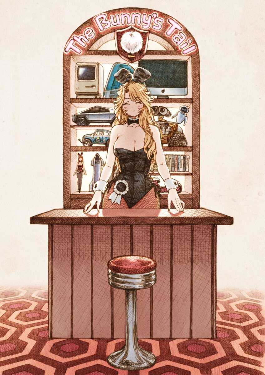 1girl :3 ahoge akira_(manga) bar_stool black_bow black_bowtie bow bowtie breasts cleavage closed_eyes eve_(wall-e) fishnet_thighhighs fishnets hands_on_table highres imac kaneda_shoutarou&#039;s_bike large_breasts leotard long_hair looking_at_viewer maguta original playboy_bunny pointy_chin solo spacex_starship stool tesla_cybertruck thighhighs videocassette wall-e wall-e_(character) wrist_cuffs