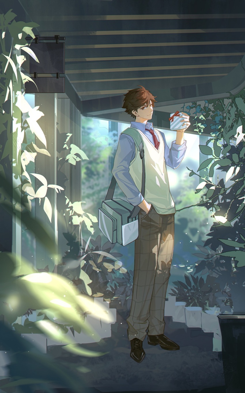 1boy absurdres arm_up bag black_shoes box brown_eyes brown_hair brown_pants building chinese_commentary closed_mouth collared_shirt commentary_request dress_shoes gift gift_box haikyuu!! hair_between_eyes hand_in_pocket highres holding holding_gift listencareful long_sleeves looking_to_the_side male_focus necktie oikawa_tooru_(haikyuu!!) outdoors pants plaid_clothes plant potted_plant red_necktie shirt shoes short_hair shoulder_bag sideways_glance smile solo standing sweater_vest white_sweater_vest wing_collar