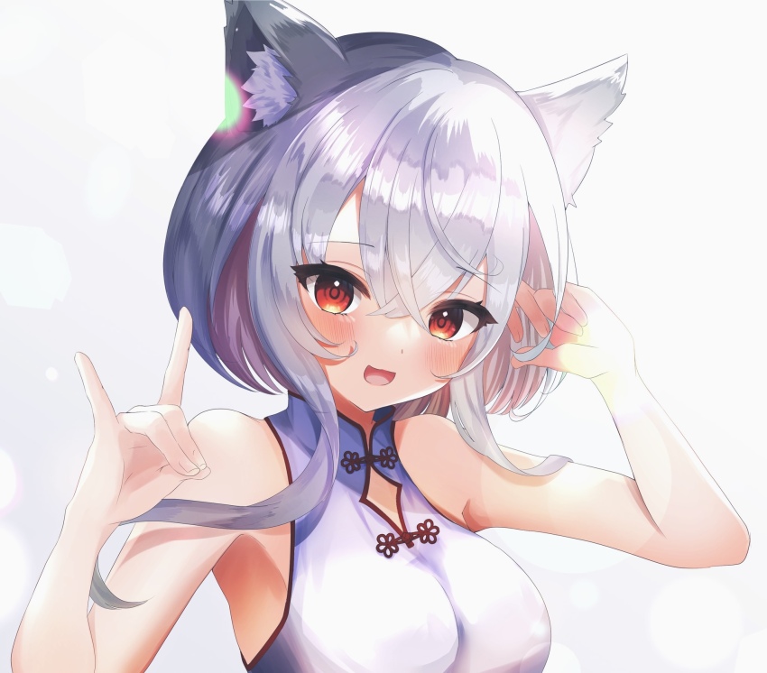 1girl animal_ear_fluff animal_ears bare_shoulders blurry bokeh breasts clothing_cutout colored_inner_hair commentary_request depth_of_field double-parted_bangs fox_ears fox_shadow_puppet hair_between_eyes highres large_breasts multicolored_hair open_mouth original pink_hair red_eyes shirokumo_chromu shirt sleeveless sleeveless_shirt smile solo tongue white_shirt