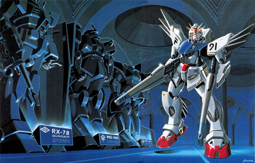 1980s_(style) 1990s_(style) beam_rifle blue_eyes character_name commentary_request dome dual_wielding energy_gun f91_gundam full_body gelgoog_s_char_custom glint gundam gundam_f91 highres holding indoors mecha mecha_focus mobile_suit mobile_suit_gundam museum no_humans official_art oldschool ookawara_kunio retro_artstyle robot rx-78-2_gundam scan science_fiction sculpture signature statue third-party_source traditional_media v-fin weapon zaku_ii_s_char_custom
