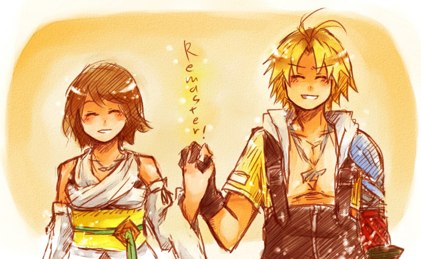 00s 1boy 1girl amamizu_(shigure-doki) blonde_hair brown_hair couple detached_sleeves closed_eyes final_fantasy final_fantasy_x gloves holding_hands hetero hood hoodie japanese_clothes jewelry necklace overalls robe short_hair smile tidus yuna