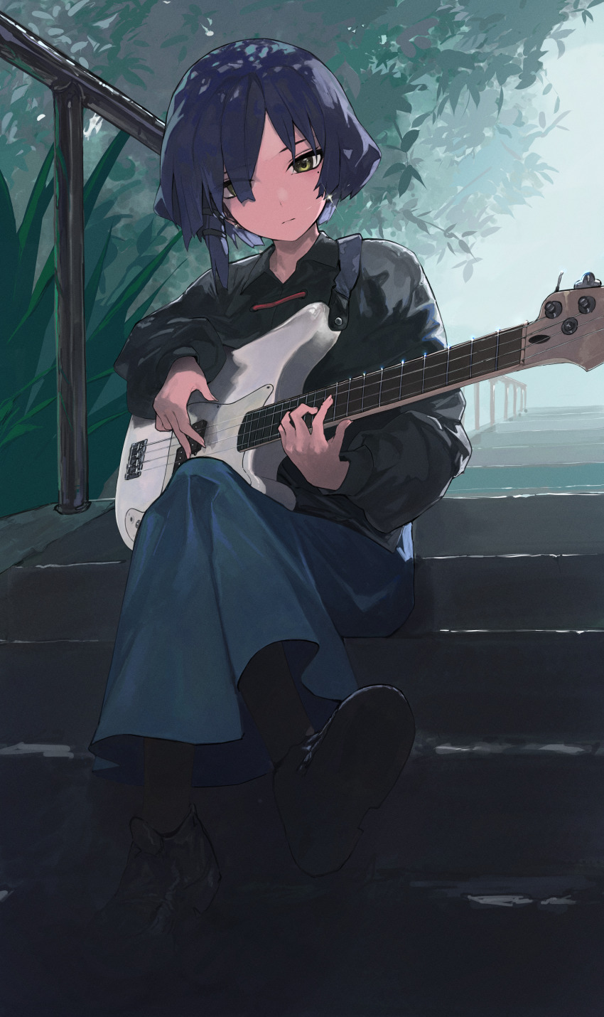 024th 1girl absurdres black_shirt blue_hair blue_skirt bocchi_the_rock! full_body guitar highres holding holding_instrument instrument long_skirt long_sleeves mole mole_under_eye outdoors playing_bass_guitar playing_instrument puffy_long_sleeves puffy_sleeves shirt shoes sitting sitting_on_stairs skirt solo stairs yamada_ryo yellow_eyes